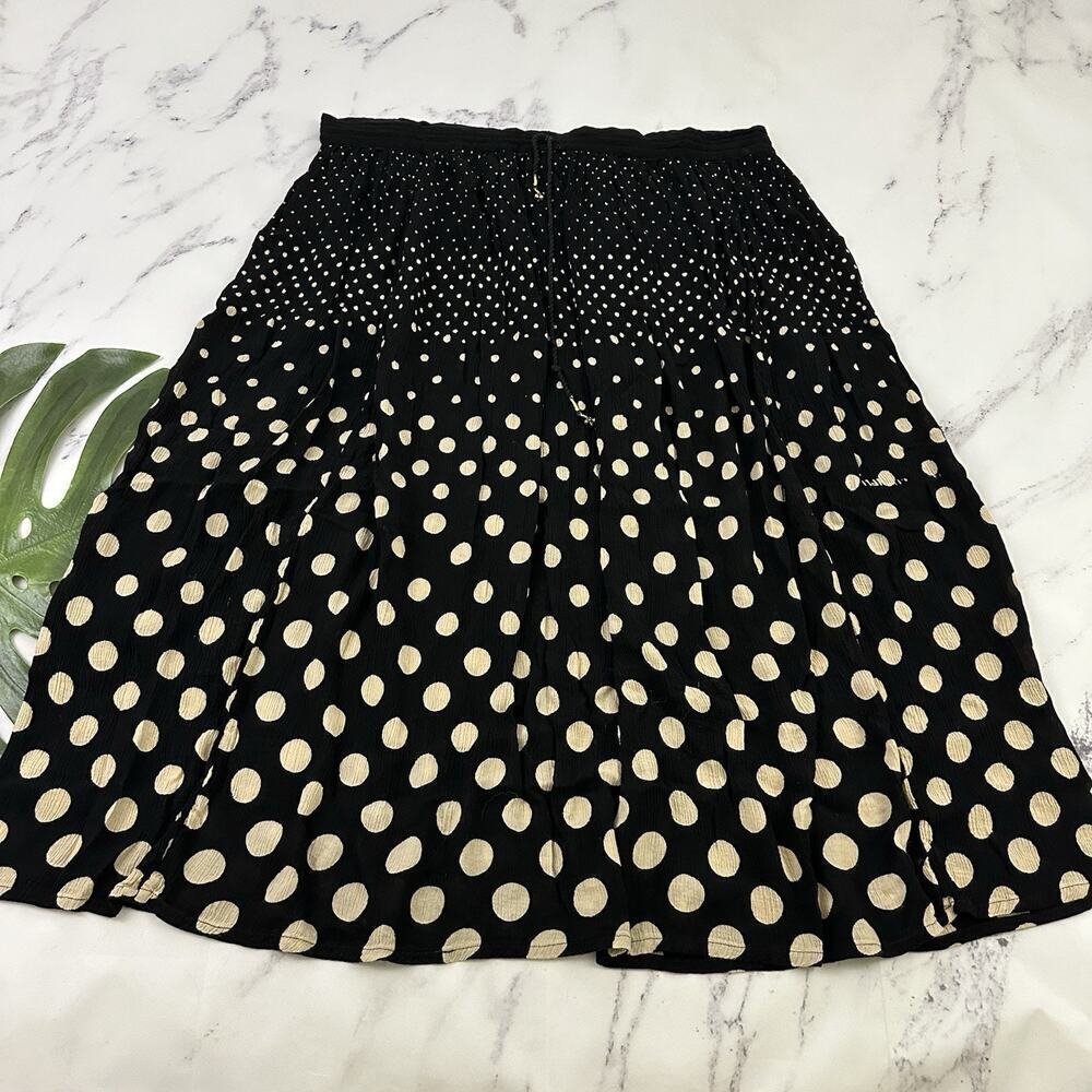 Liz Baker Womens Vintage 90s Crinkle Maxi Skirt One Size Black Cream Polka Dot